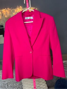 Zara Hot Pink Blazer XS Fuchsia Padded Shoulder Tailored